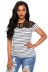 Sexy White Striped Cap Sleeve Top with Lace Detail